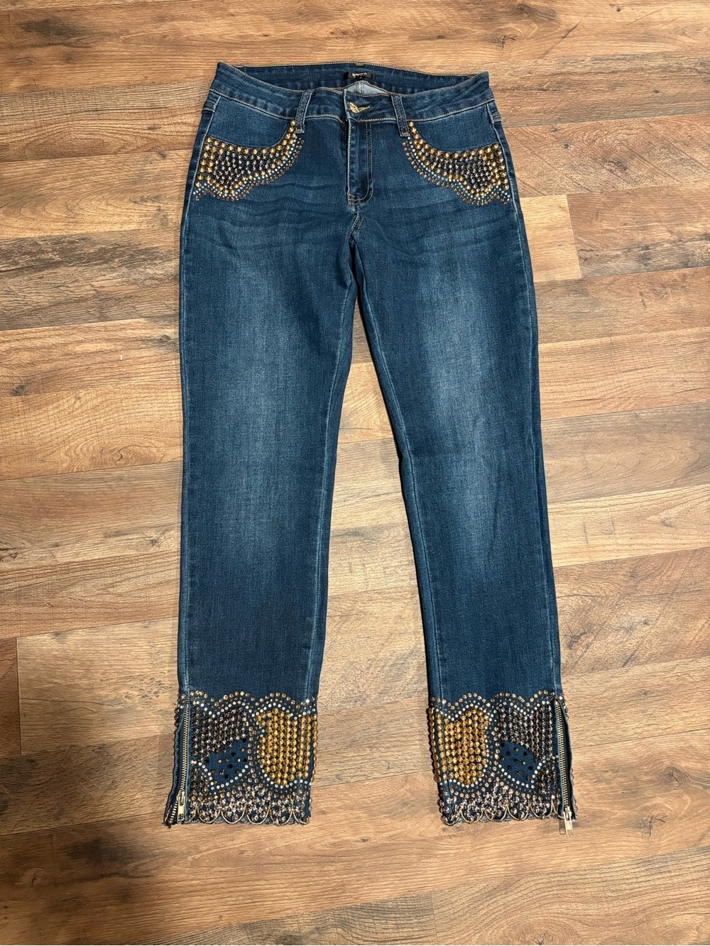 Tesoro Moda Embellished Blue Denim Jeans studded Accents Stretch Sz 6 ankle zip